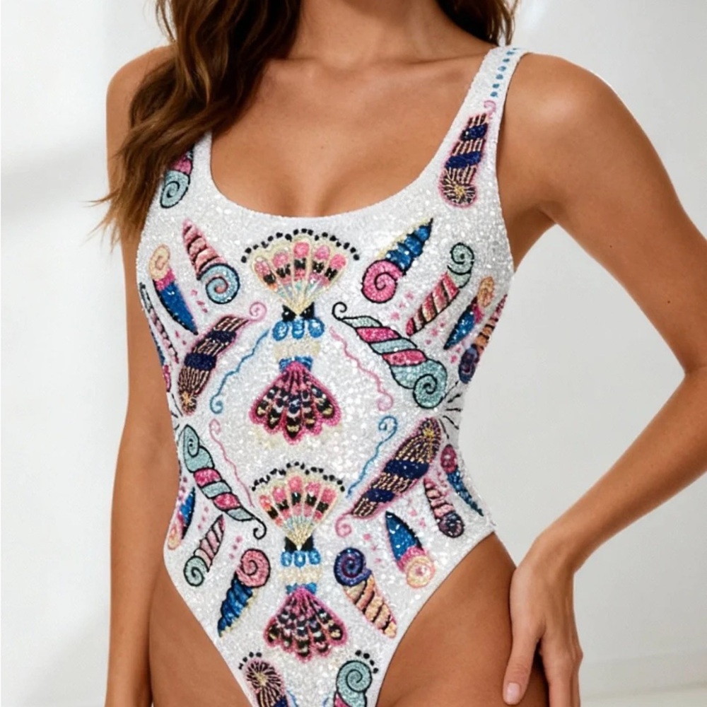 NWT Oceanus Zandra Rhodes Dreamshell Beaded Swimsuit color White Size M